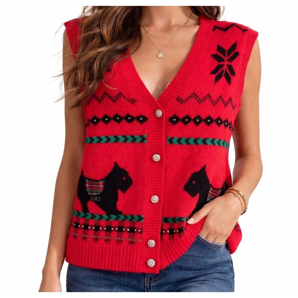 Alfred Dunner Scottie Dogs Red Knit Vest Sz. Small Vintage90s Cottagecore Preppy - Picture 2 of 13